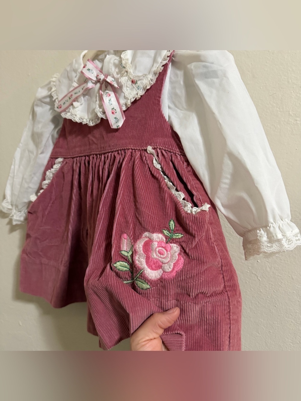 Vintage Toddler Girl 2-Piece Set Rose Pink Corduroy Pinafore & Lace Blouse 3T - Picture 3 of 14